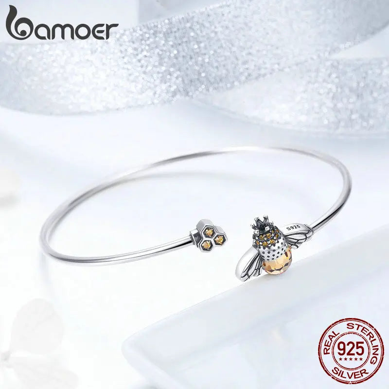 Bamoer 925 Sterling Silver Crystal Yellow Bee Bangle Silver Cute Insect Bracelets for Women Birthday Gift Fine Jewelry SCB104