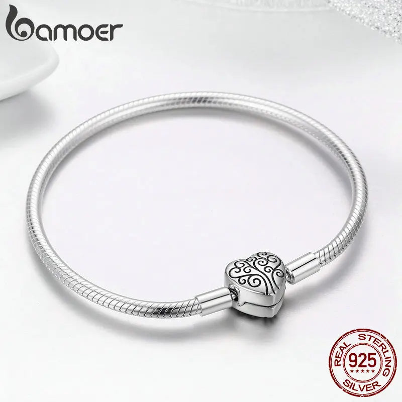 BAMOER 100% 925 Sterling Silver Spring Tree of Life Heart Shape Clasp Snake Chain Bracelet Sterling Silver Jewelry S925 SCB066