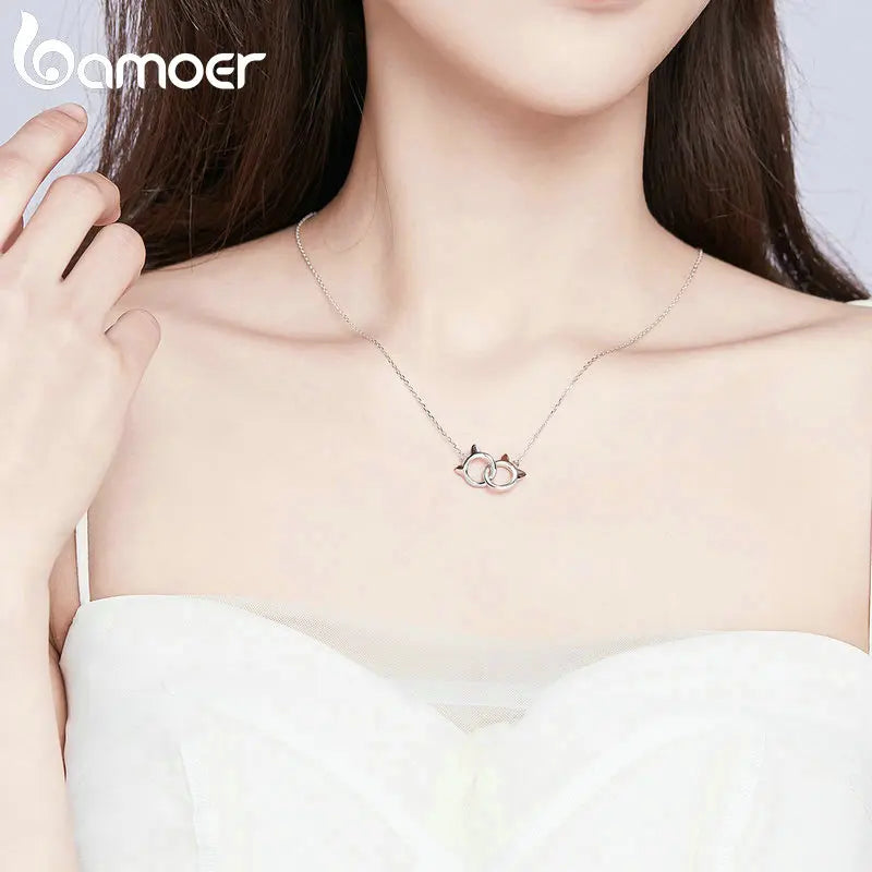 BAMOER New Arrival 925 Sterling Silver Double Circles Pet Cat Pendant Necklace Cute Animal Chain for Women Jewelry Gift SCN252