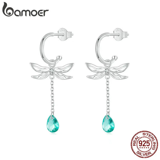 BAMOER 925 Sterling Silver Dragonfly Dangle Earrings, Tassel Tail adorned with Green Stones Studs Earrings for Teen Girls Women