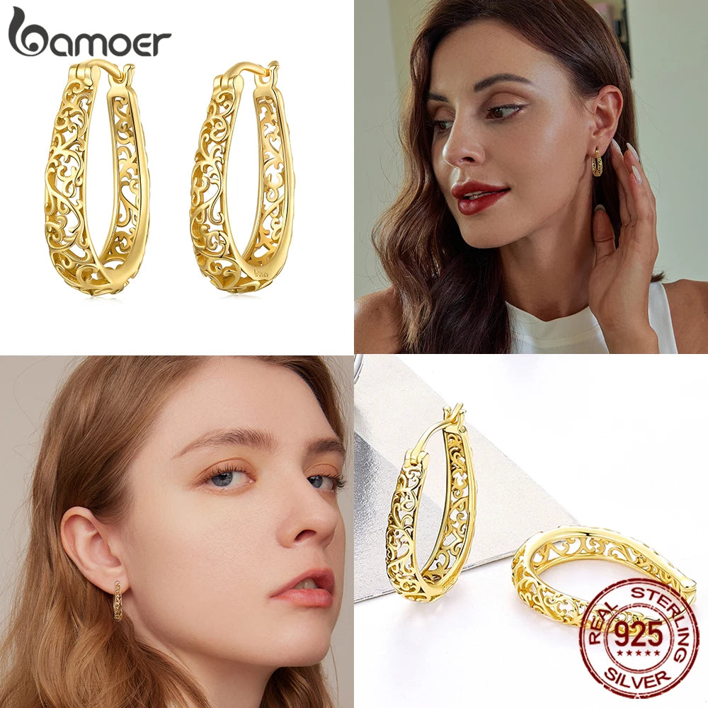 BAMOER 18K Gold Plated Filigree Hoop Earrings 925 Sterling Silver Vintage Vine Earrings For Women Fine Jewelry Original Design