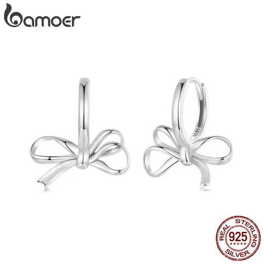 BAMOER 925 Sterling Silver Simple Bow Ear Buckles Classic Hypoallergenic Drop Earrings for Women Fine Jewelry SCE1752