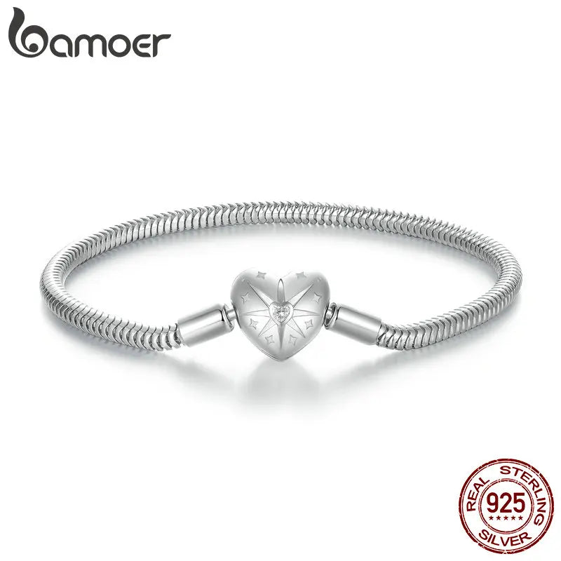 BAMOER 925 Sterling Silver Starburst 3mm Snake Chain Charm Bracelet for Women, High Quality Bracelet Fit for DIY Beads & Pendant