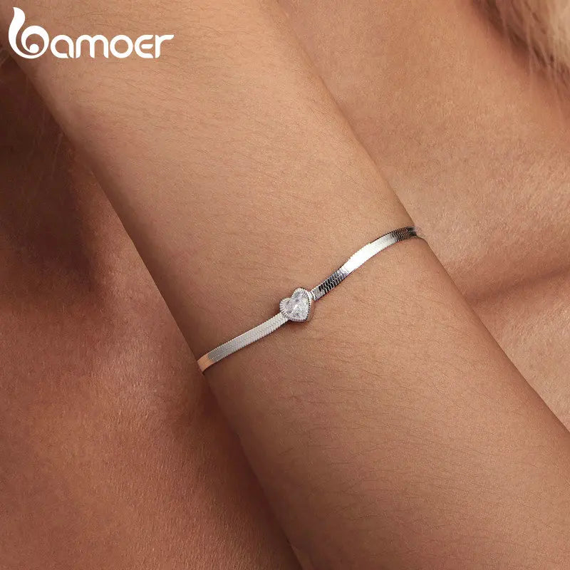 Bamoer 925 Sterling Silver Punk Herringbone Snake Chain Bracelet Heart Blade Chain Link Platinum Plated for Women Fine Jewelry