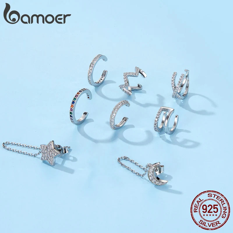 BAMOER 925 sterling silver Mono-earring Clip Earrings for Girl CZ Platinum Plated Stud Earrings Women Wedding Party Jewelry