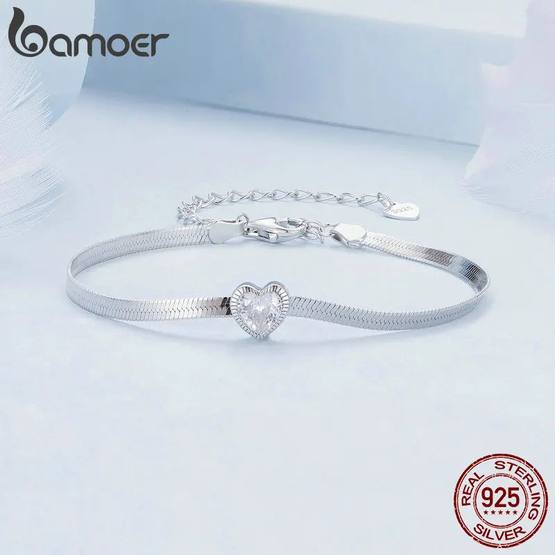 Bamoer 925 Sterling Silver Punk Herringbone Snake Chain Bracelet Heart Blade Chain Link Platinum Plated for Women Fine Jewelry