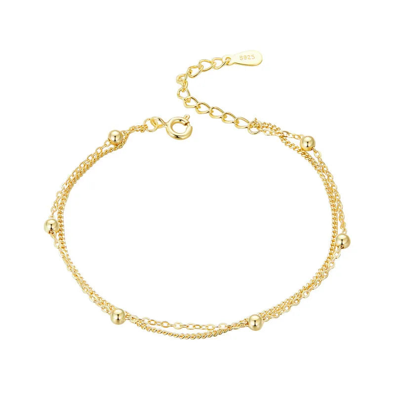 BAMOER 925 Silver Chain Bracelet Double Layers Round Beads Link Chain Bracelets Women 7.48'' Adjustable 14K Gold Plated Jewelry