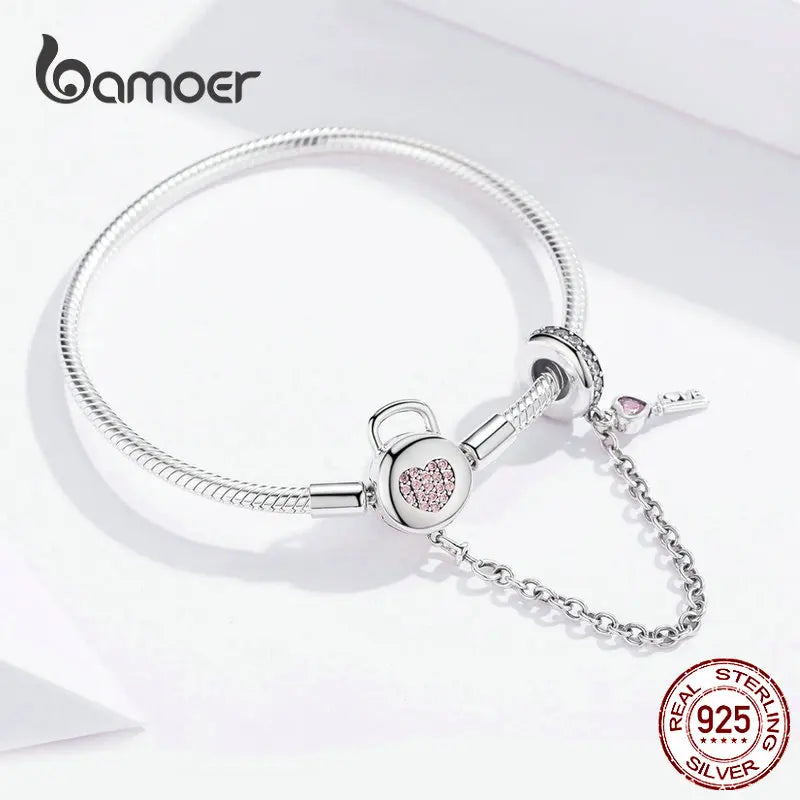 Bamoer 925 Sterling Silver Snake Chain Bracelet Zircon Pink Heart Lock and Key Safety Charm Bracelet for Women Gift SCB143