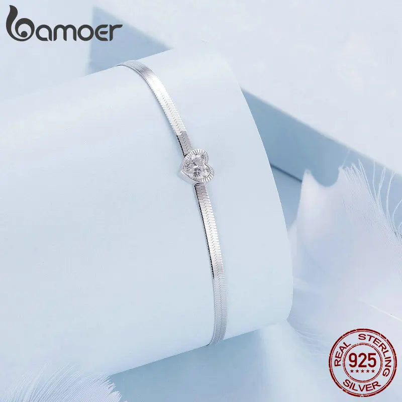 Bamoer 925 Sterling Silver Punk Herringbone Snake Chain Bracelet Heart Blade Chain Link Platinum Plated for Women Fine Jewelry