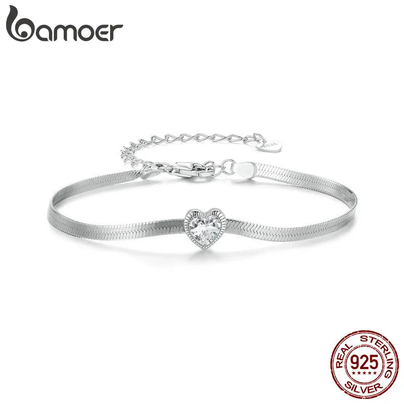 Bamoer 925 Sterling Silver Punk Herringbone Snake Chain Bracelet Heart Blade Chain Link Platinum Plated for Women Fine Jewelry