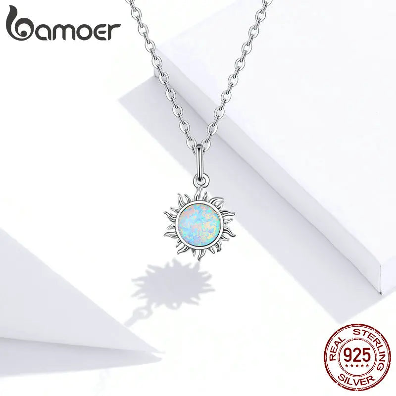 Bamoer 925 Sterling Silver White Opal Sun Pendant Necklace Apollo Chain Necklaces for Women Birthday Gift  Jewelry 17.71''