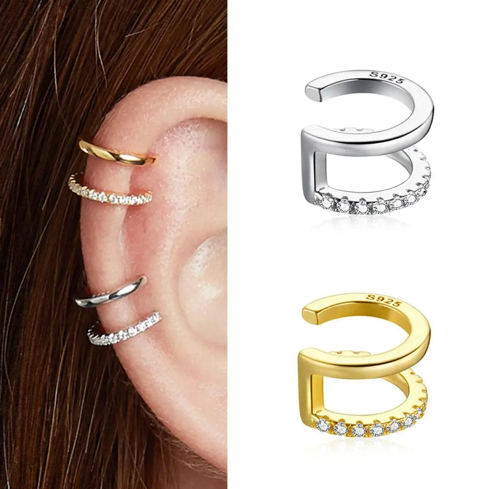 BAMOER 1PC Ear Cuff 925 Sterling Silver Clip Earrings for Women Gold Color Spain Fashion Jewelry Rhinestone Tiny Earrings SCE994