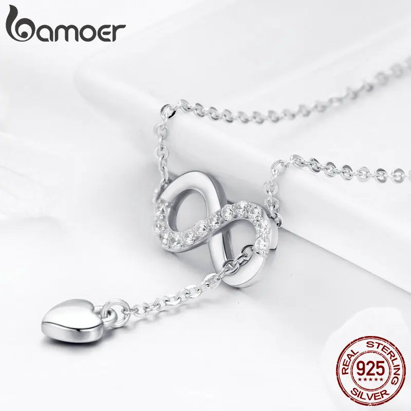 BAMOER 100% 925 Sterling Silver Infinity Love Pendant Necklaces Forever Love Neck Chain for Women Gift Fine Jewelry SCN223