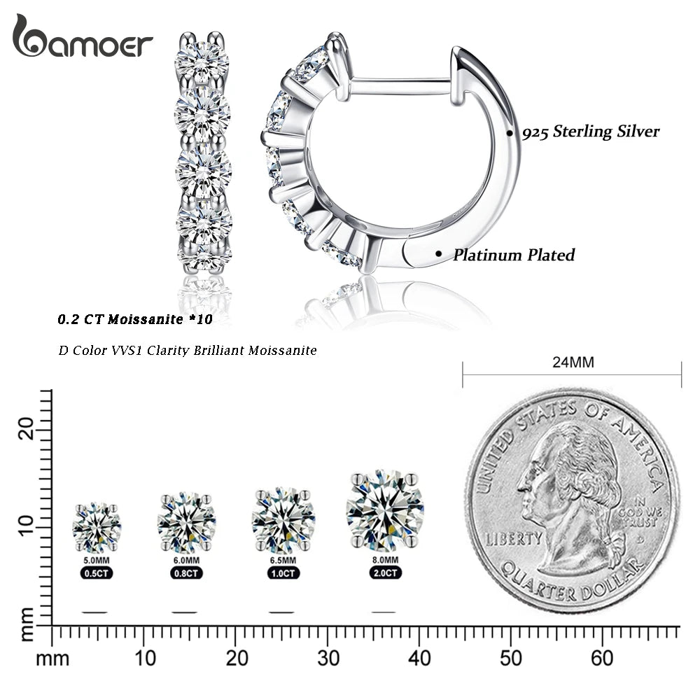 BAMOER Platinum Plated Moissanite Hoop Earrings for Women, D Color Round Cut Lab Diamond 925 Silver Hypoallergenic Earrings