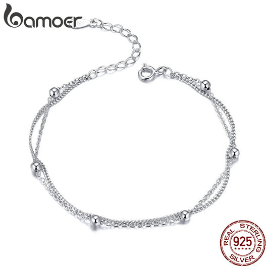 BAMOER 925 Silver Chain Bracelet Double Layers Round Beads Link Chain Bracelets Women 7.48'' Adjustable 14K Gold Plated Jewelry