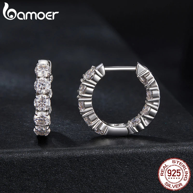 BAMOER White Gold Plated Moissanite Hoop Earrings for Women, D Color Round Cut Lab Diamond 925 Silver Hypoallergenic Earrings