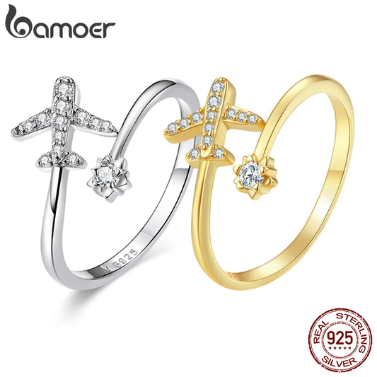 BAMOER Genuine 925 Sterling Silver Flying Plane Open Finger Rings for Women Clear CZ Adjustable Rings Fine Jewelry Bijoux SCR623