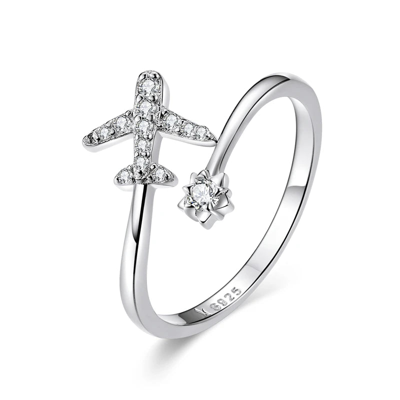 BAMOER Genuine 925 Sterling Silver Flying Plane Open Finger Rings for Women Clear CZ Adjustable Rings Fine Jewelry Bijoux SCR623