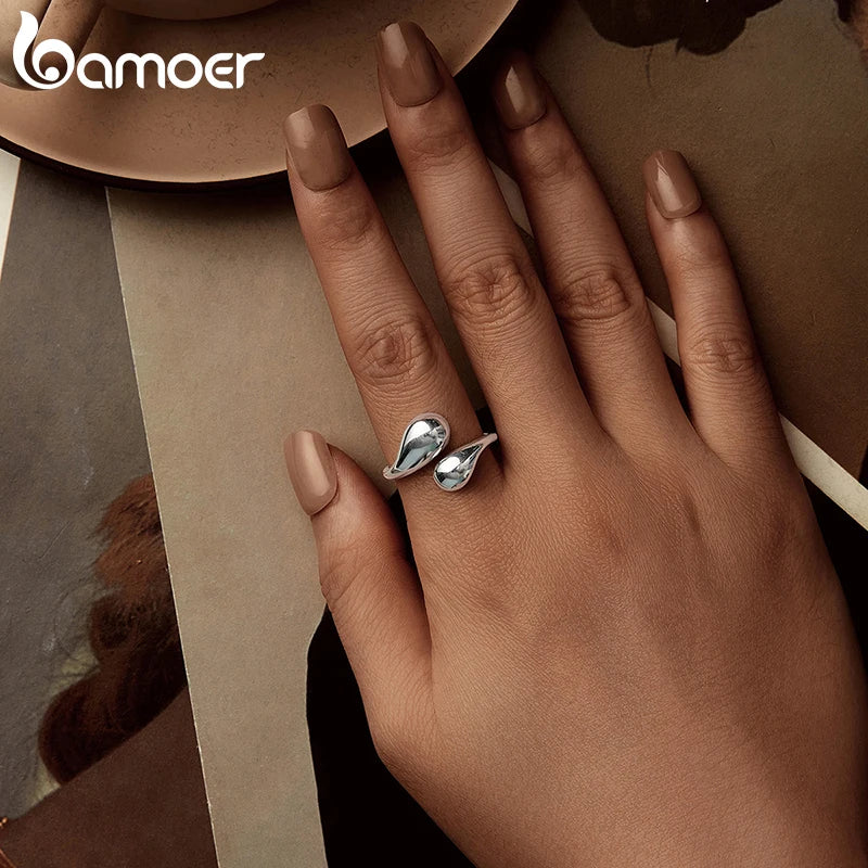 BAMOER 925 Sterling Silver Chunky Adjustable Water Droplet Rings Handmade High Polished Thumb Band Statement Ring for Women Girl