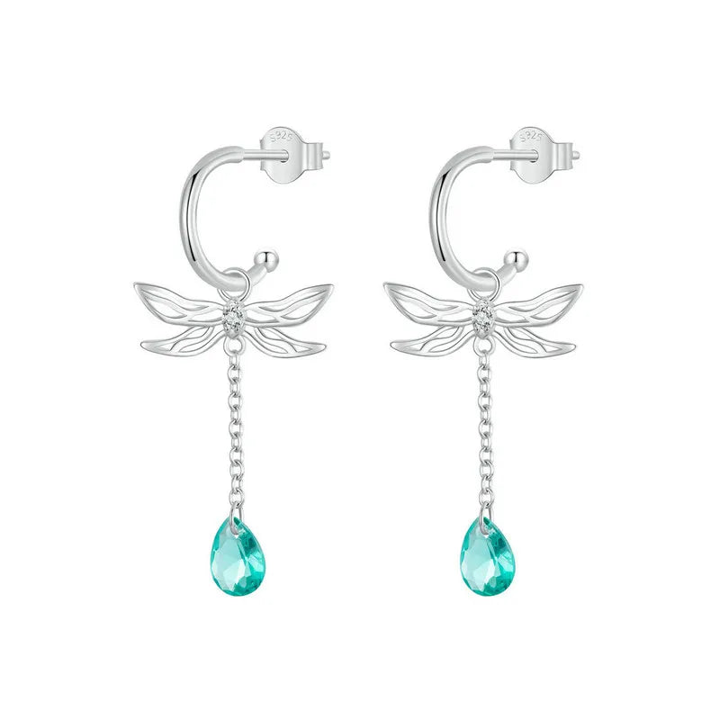 BAMOER 925 Sterling Silver Dragonfly Dangle Earrings, Tassel Tail adorned with Green Stones Studs Earrings for Teen Girls Women