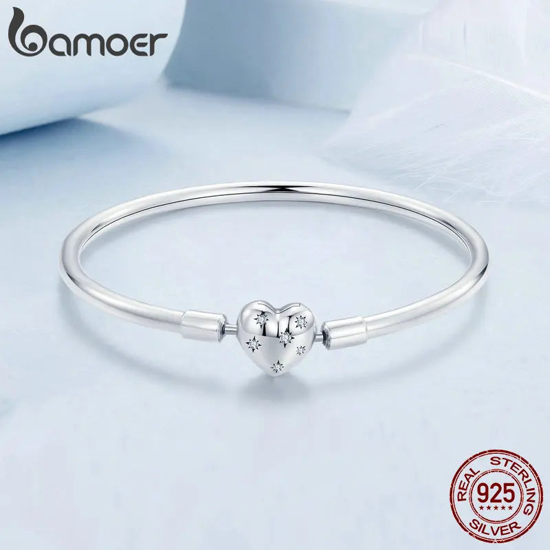 BAMOER Authentic 925 Sterling Silver Charm Bracelet, Classic Heart/Shell Basic Bangle for Women Charm Beads DIY Jewelry BSB192