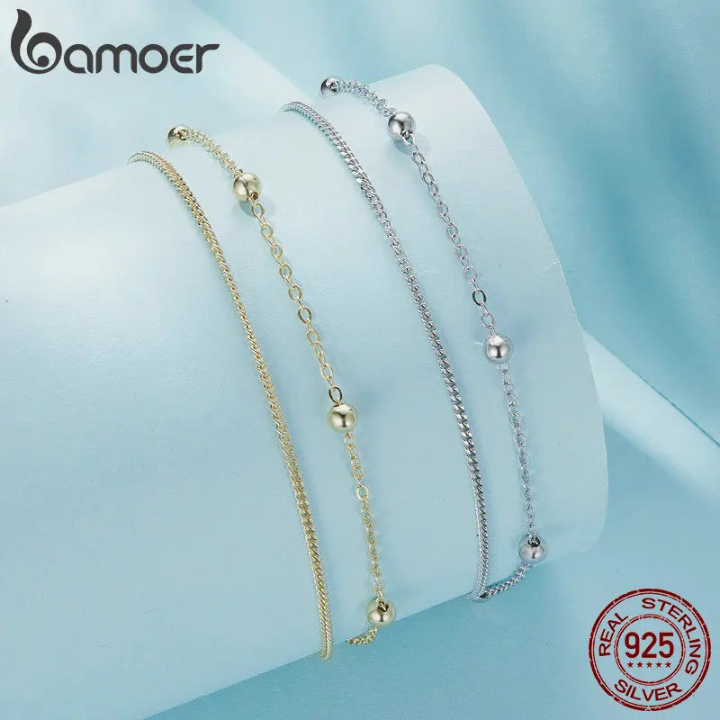 BAMOER 925 Silver Chain Bracelet Double Layers Round Beads Link Chain Bracelets Women 7.48'' Adjustable 14K Gold Plated Jewelry