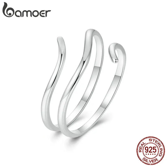 BAMOER 925 Sterling Silver Simple Multi-layer Opening Ring Lucky Adjustable Ring Statement Ring for Women Jewelry Gift SCR1040-E