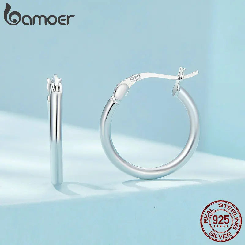 BAMOER 925 Sterling Silver Bold Classic Hypoallergenic Hoop Earrings, 14K White Gold Plated Standard Tube Earrings for Women