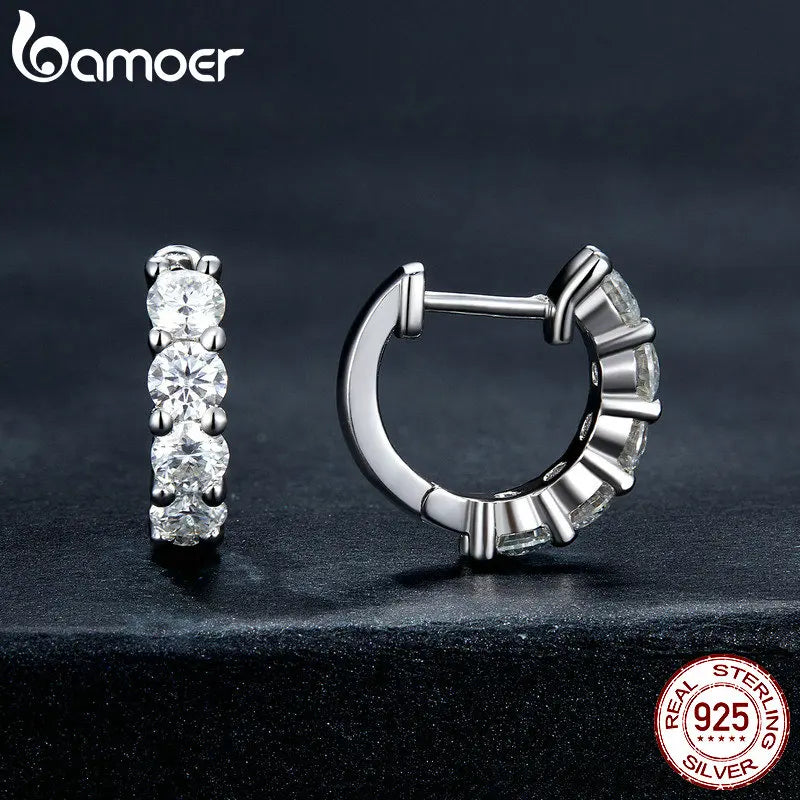 BAMOER Platinum Plated Moissanite Hoop Earrings for Women, D Color Round Cut Lab Diamond 925 Silver Hypoallergenic Earrings