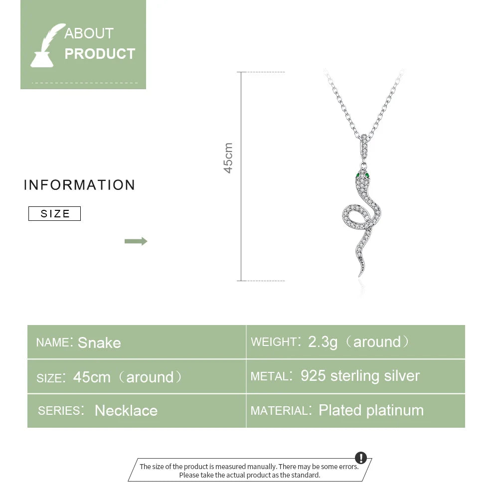 BAMOER 925 Sterling Silver Snake Pendant Necklace Pave Setting CZ for Women Adjustable Chain Link Fine Jewelry Party Gift