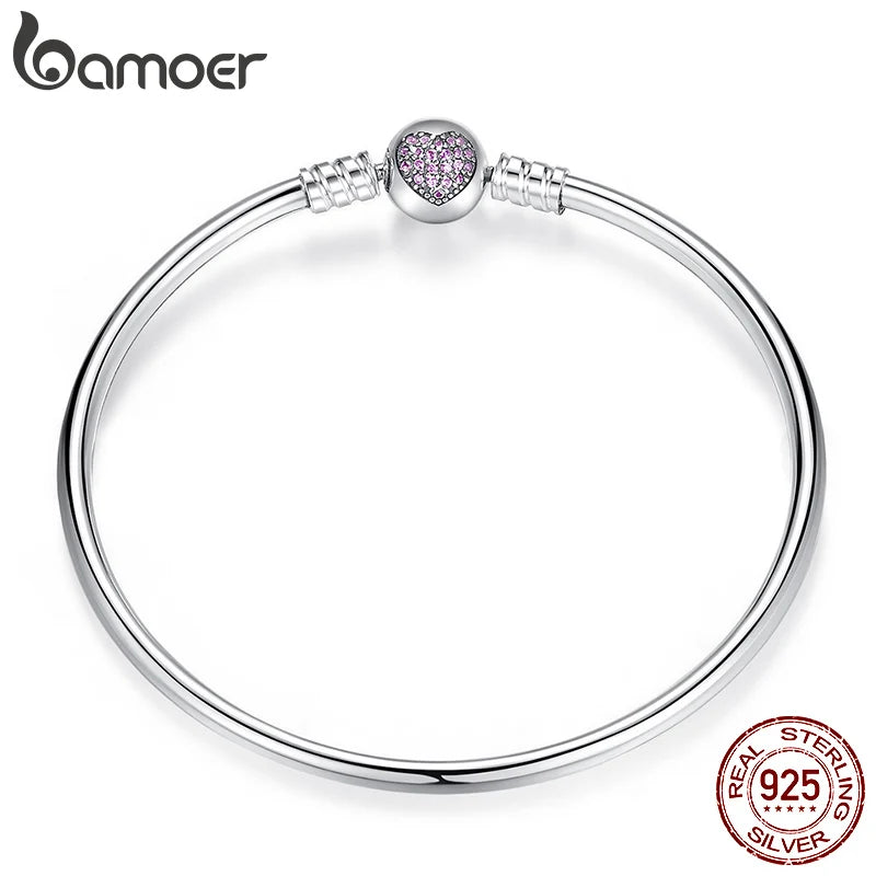 BAMOER 925 Sterling Silver Snake Chain Bangle & Bracelet Pave Setting CZ for Women Pendant Charm Bead DIY Luxury Jewelry PAS904