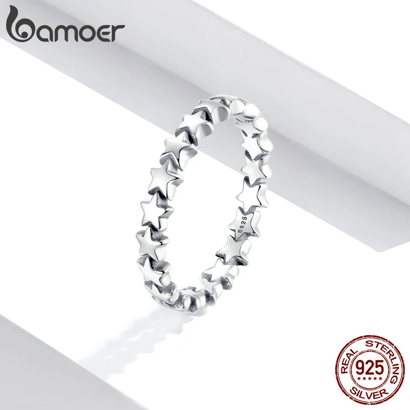 BAMOER HOT SALE Genuine Silver 925 Star Ring For Women Wedding 100% 925 Sterling Silver Stackable Finger Ring Jewelry PA7151