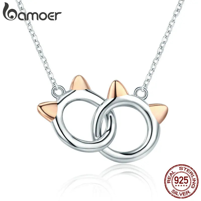 BAMOER New Arrival 925 Sterling Silver Double Circles Pet Cat Pendant Necklace Cute Animal Chain for Women Jewelry Gift SCN252