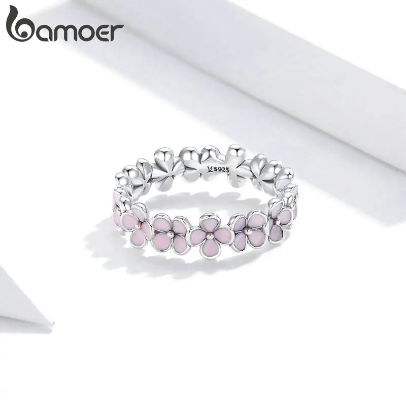 BAMOER S925 Sterling Silver Pink Wreath Finger Ring for Women Birthday Valentine's Day Gift Sweet Romatic Fine Jewelry 3 Colors