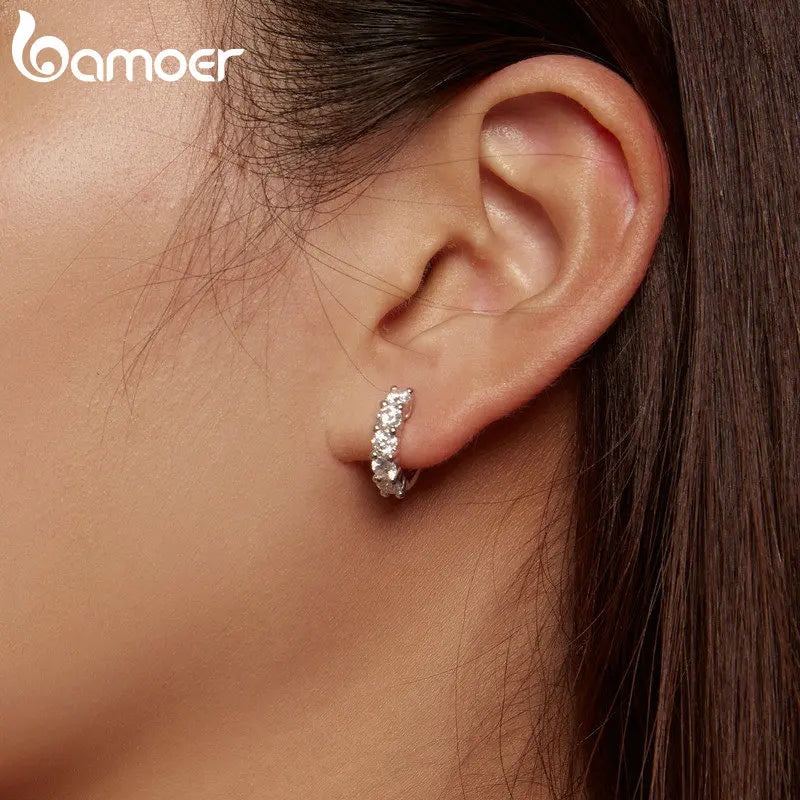 BAMOER Platinum Plated Moissanite Hoop Earrings for Women, D Color Round Cut Lab Diamond 925 Silver Hypoallergenic Earrings