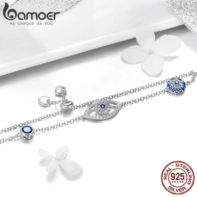 Bamoer 100% 925 Sterling Silver Blue Zircon Evil Eyes Bracelet Guardian Eye Chain for Women Gift Fine Jewelry SCB089