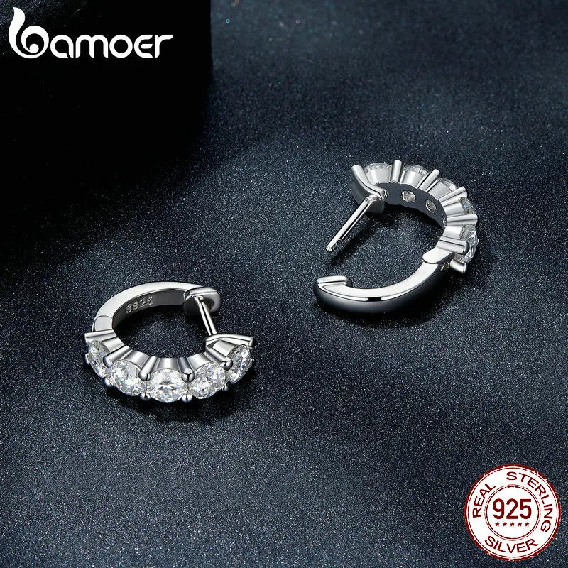 BAMOER Platinum Plated Moissanite Hoop Earrings for Women, D Color Round Cut Lab Diamond 925 Silver Hypoallergenic Earrings