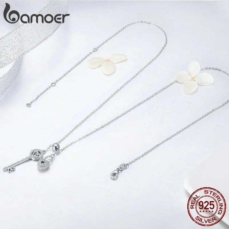 BAMOER Romantic 925 Sterling Silver Key of Heart Lock Chain Pendant Necklaces for Women Sterling Silver Jewelry Collar SCN290