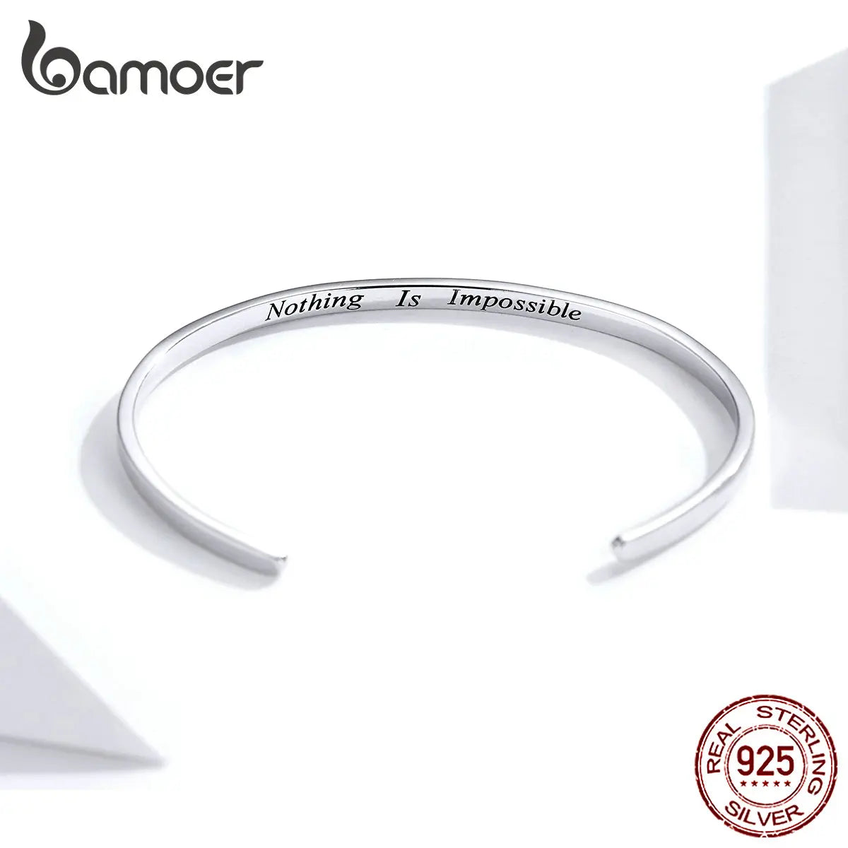 bamoer Engrave Courage Bangle "Nothing is impossible" Fashion Hot Sale 925 Sterling Silver Jewelry for Man and Women SCB160