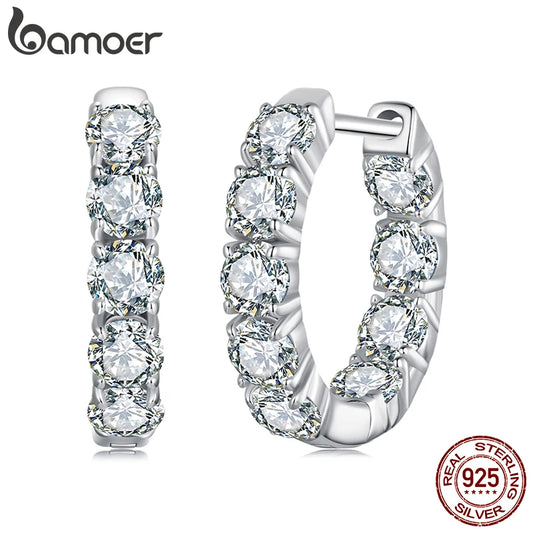 BAMOER White Gold Plated Moissanite Hoop Earrings for Women, D Color Round Cut Lab Diamond 925 Silver Hypoallergenic Earrings