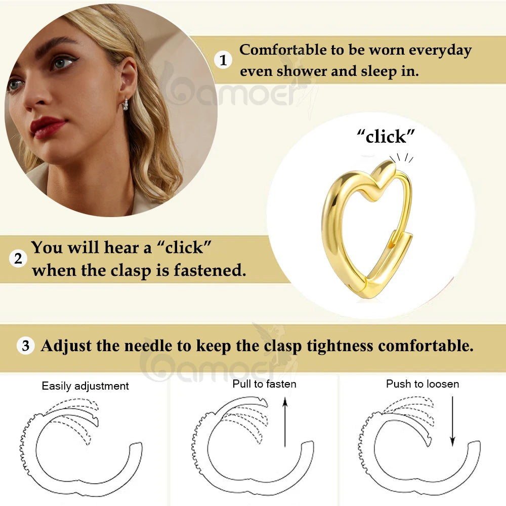 BAMOER 925 Sterling Silver Small Hoop Earrings Heart Shaped 14k Gold Plated Huggie Earrings for Women Wedding Fashion Jewelry