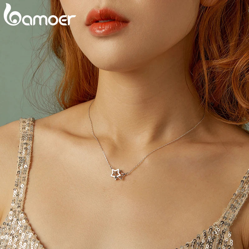 BAMOER 2024 New Solid 925 Sterling Silver Connected Star/Heart/Cat Pendant Necklace for Women Valentine's Day Gift Fine Jewelry