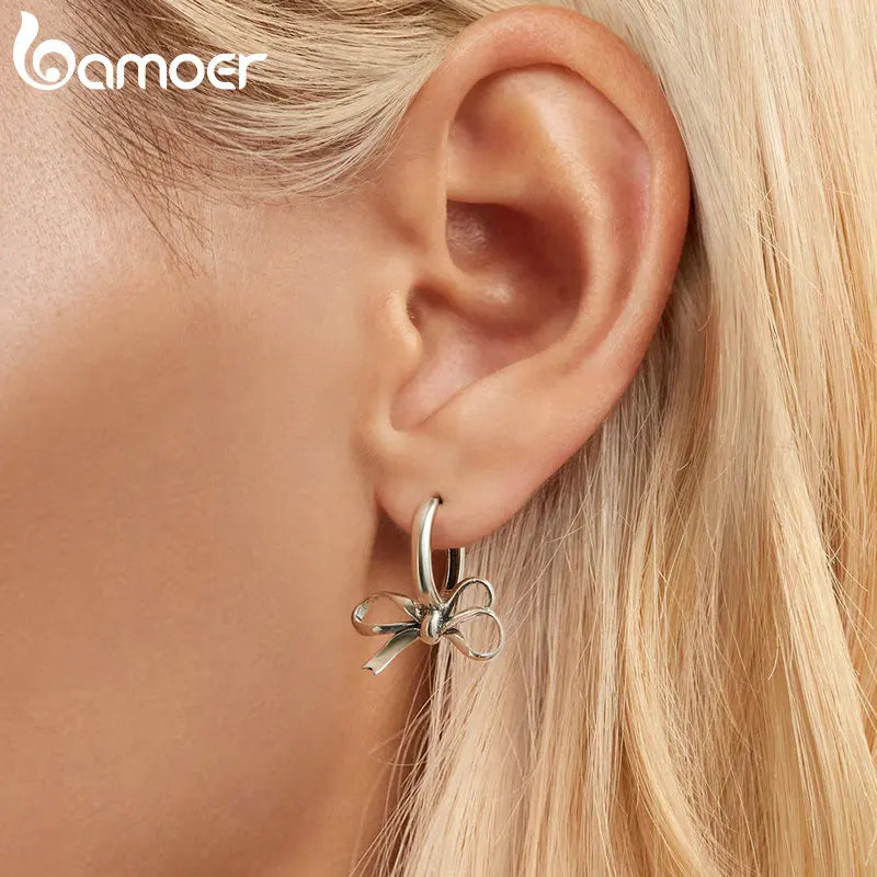 BAMOER 925 Sterling Silver Simple Bow Ear Buckles Classic Hypoallergenic Drop Earrings for Women Fine Jewelry SCE1752