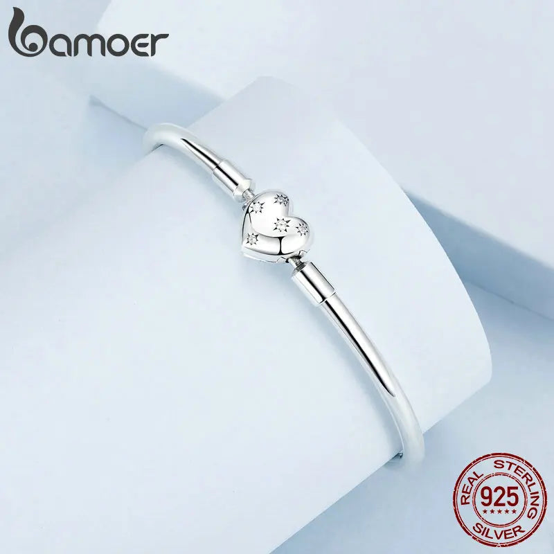 BAMOER Authentic 925 Sterling Silver Charm Bracelet, Classic Heart/Shell Basic Bangle for Women Charm Beads DIY Jewelry BSB192