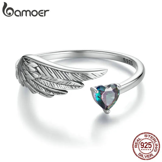 BAMOER Genuine 925 Sterling Silver Wing & Heart Open Ring for Women Protection Finger Ring Fine Jewelry Birthday Gift SCR1070-E