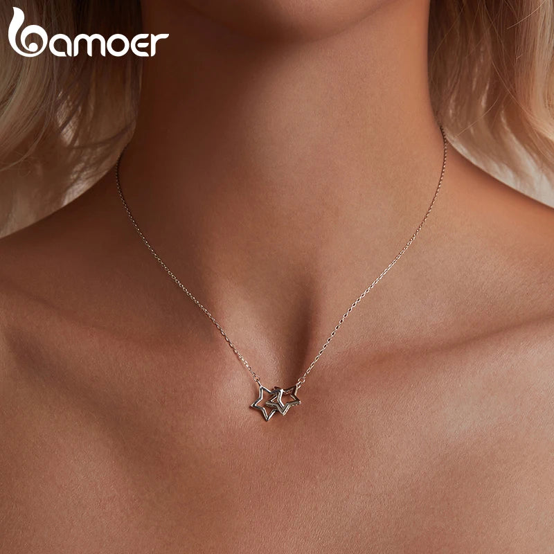 BAMOER 2024 New Solid 925 Sterling Silver Connected Star/Heart/Cat Pendant Necklace for Women Valentine's Day Gift Fine Jewelry