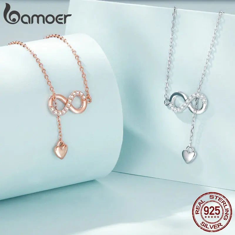 BAMOER 100% 925 Sterling Silver Infinity Love Pendant Necklaces Forever Love Neck Chain for Women Gift Fine Jewelry SCN223