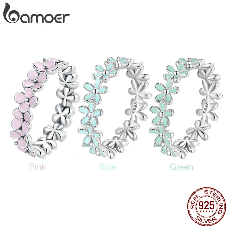 BAMOER S925 Sterling Silver Pink Wreath Finger Ring for Women Birthday Valentine's Day Gift Sweet Romatic Fine Jewelry 3 Colors