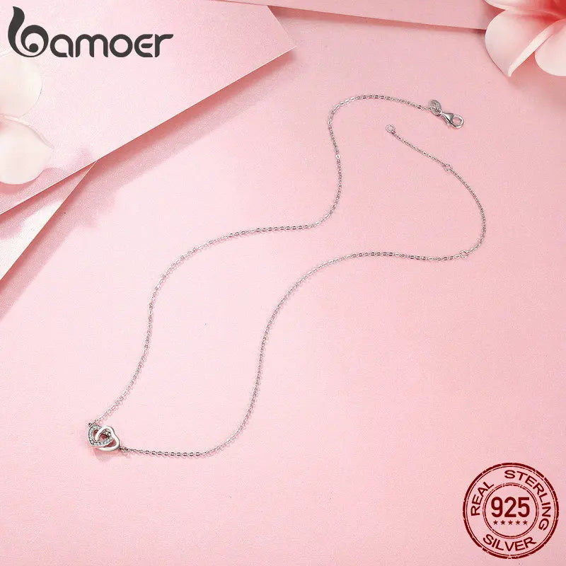 BAMOER 925 Sterling Silver Connected Heart Pendant Necklace for Girlfriend Valentine's Day Gift Fine Jewelry SCN181