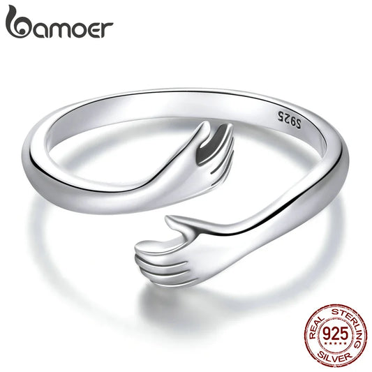 BAMOER 925 Sterling Silver Hug Warmth and Love Hand Adjustable Ring for Women Party Jewelry, His Big Loving Hugs Ring 3 Colors